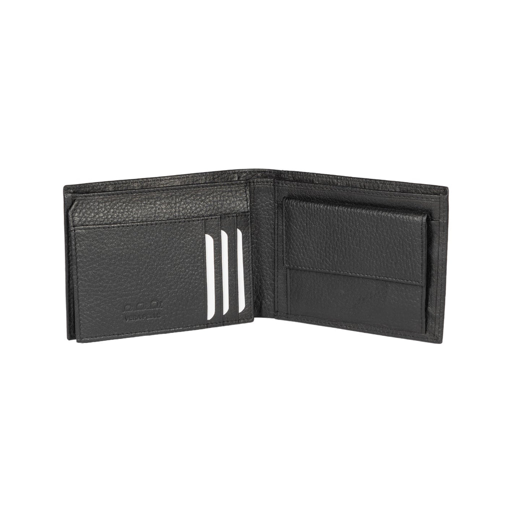 K10304AB | Men's wallet in genuine full-grain leather, dollar grain. Black color. Pocket p/coins. Size when closed: cm 12.5 x 9.3 x 1. Packaging: hard bottom/cover Gift Box                 Portefeuille homme en cuir pleine fleur véritable, grain dollar