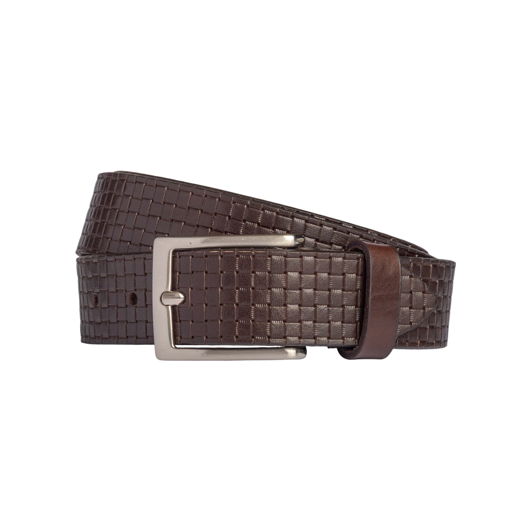 RB4028B |Imprimé, fabriqué en Italie en cuir véritable tanné végétal. Boucle argentée satinée. Marron foncé. Dimensions : 125 x 3,5 x 0,5 cm (tour de taille 110 cm).